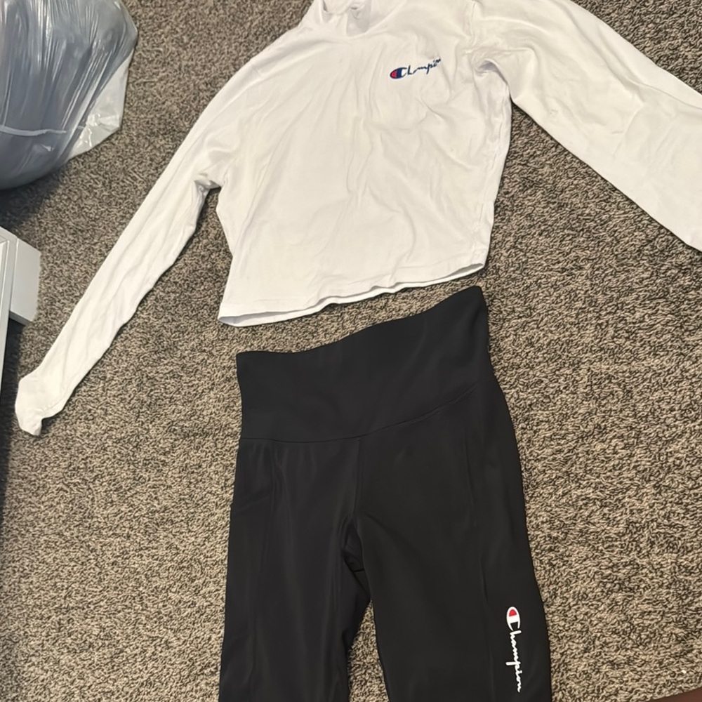 Champion White Long Sleeve and Black Leggings Set